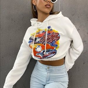 Car & Slogan Graphic Drawstring Crop Hoodie